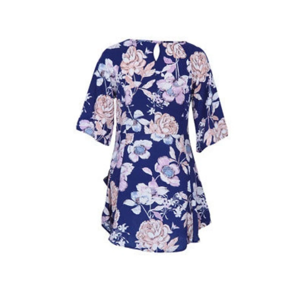 Blue Pastel Floral Dress With 3/4 Sleeves Pockets - Picture 5 of 7